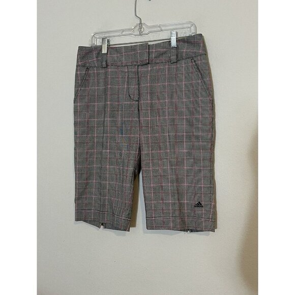ADIDAS GOLF Women’s Embroidered Mid Rise Plaid Bermuda Pink Gray Shorts sz 10 - Picture 1 of 13